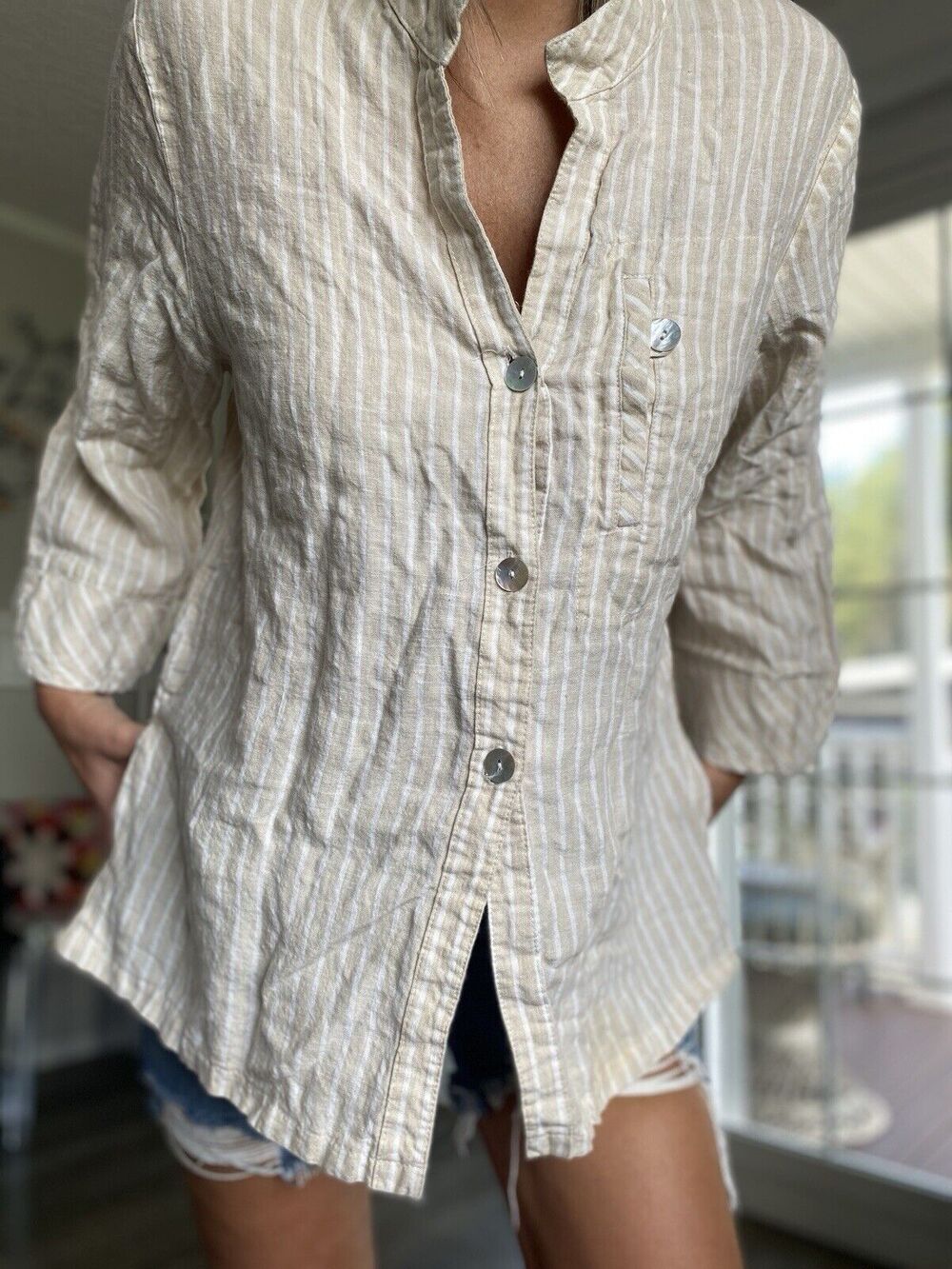 CONNIE MOONLIGHT Top Womens Linen Button Up Stripe Preppy Casual USA L